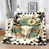 Countryrustic Flannel Throw Blanket with Bull Skull & Floral Cowhideinspired Print Reversible Allseason Cozy Soft Non Blanket, Teal Pink Brown Black W