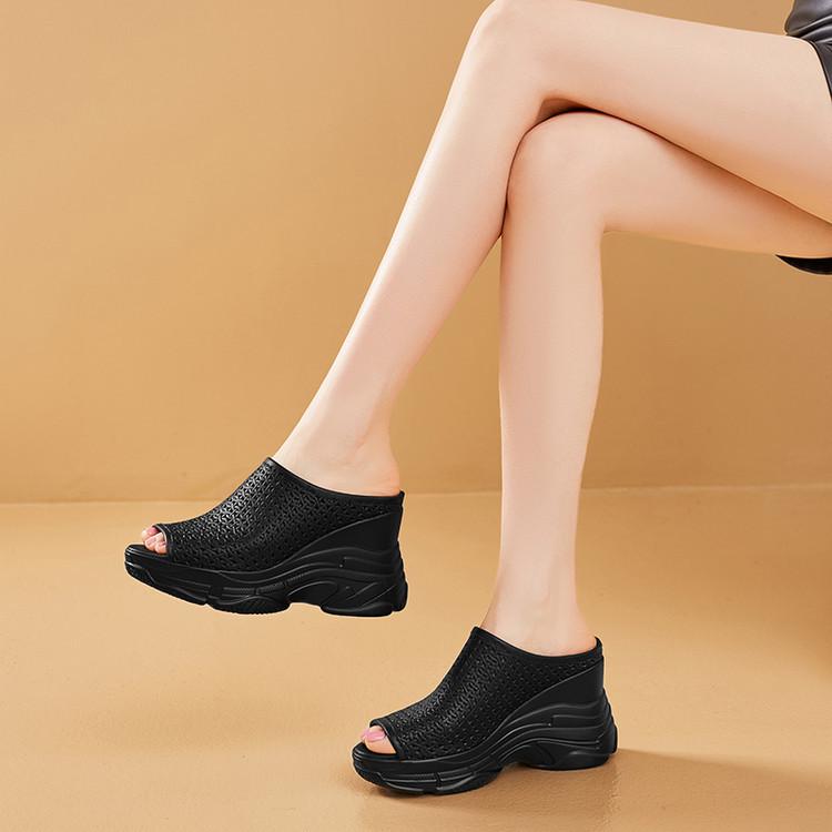 Fashion leather wedge slippers 2025 summer thick-soled muffin shoes women's hollow breathable fish mouth high heels