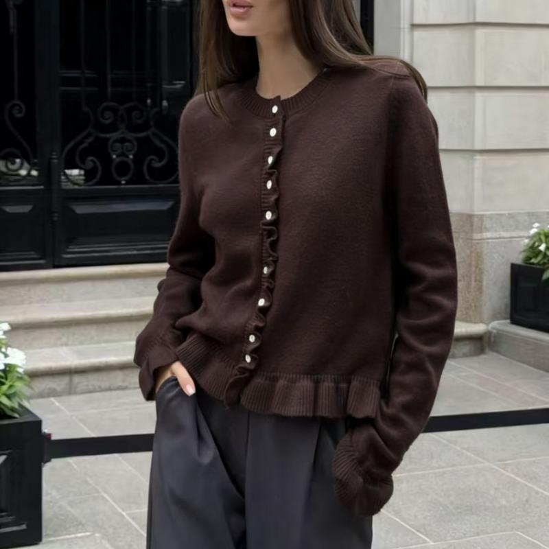 Women S Long Sleeve Ruffled Knit Cardigan Solid Color Casual Sweater