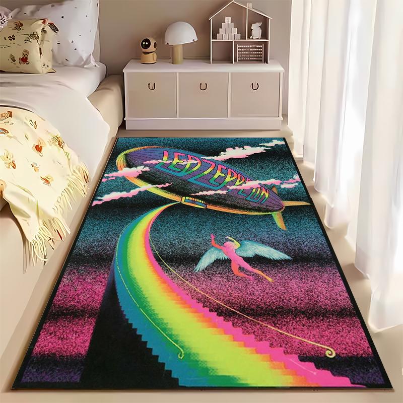Led Zeppelin Blimp with Angel & Rainbow Design Non-slip rug suitable for living room and bedroom sofas.