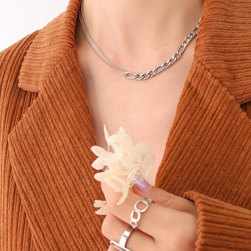 Double-Layer Round Bead Splicing Necklace Bracelet Set, Titanium Steel-Plated 18K Real Gold Jewelry.