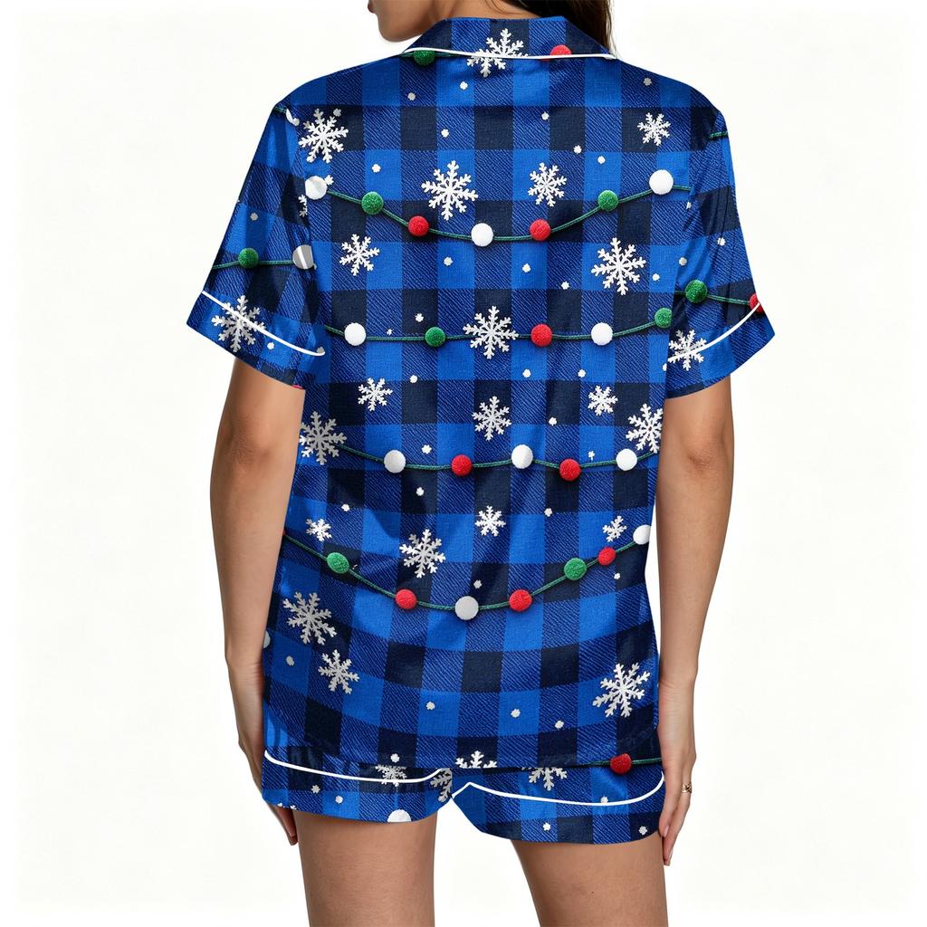 Women's Christmas Pajama Set Short Sleeve Button-Up Shirt and Shorts Holiday Sleepwear Set