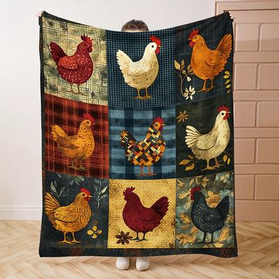 Rusztikus Kézzel Festett Csirke Flanel Takaró Színes Patchwork Stílusú Kényelmes Puha Dobótakaró Nappali Hálószoba Díszítéshez