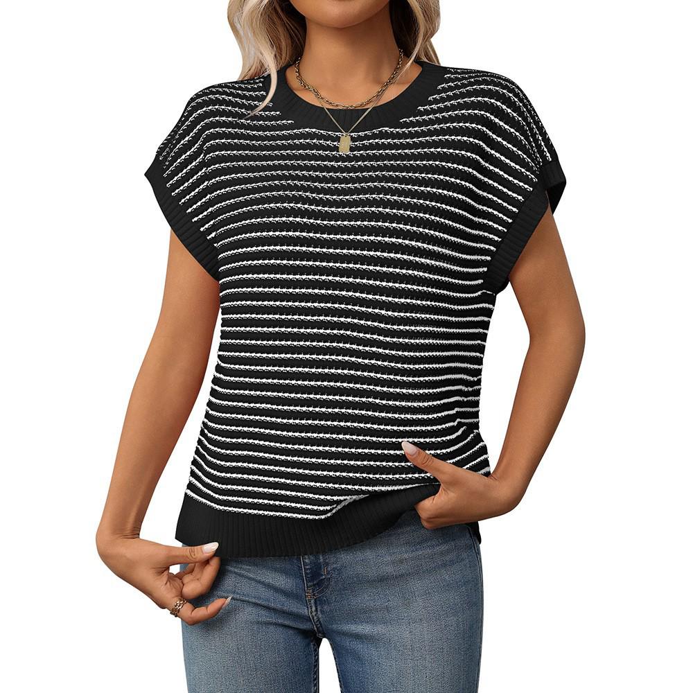 Women's Striped Knit Summer Top - Loose, Short-Sleeved, Round Neck, Casual Hollow Design Sweater