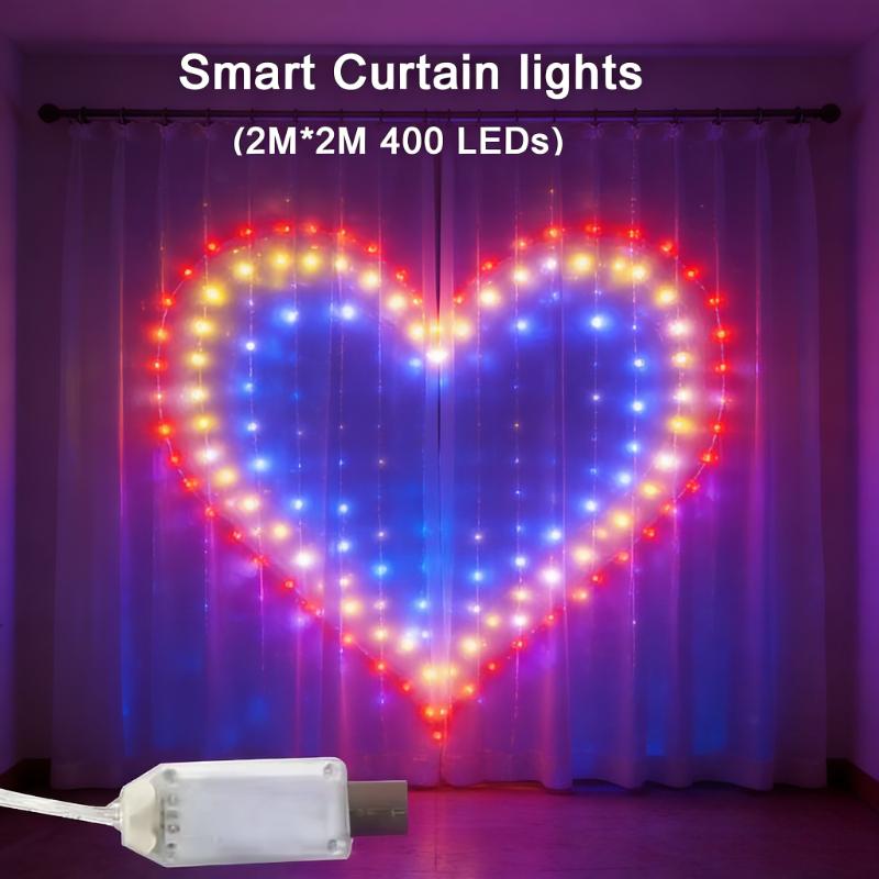 

400LEDs Smart Curtain Lights, Bluetooth App RGB Fairy String Lights, DIY Music Sync LED Lights for Window Bedroom Decoration USB
