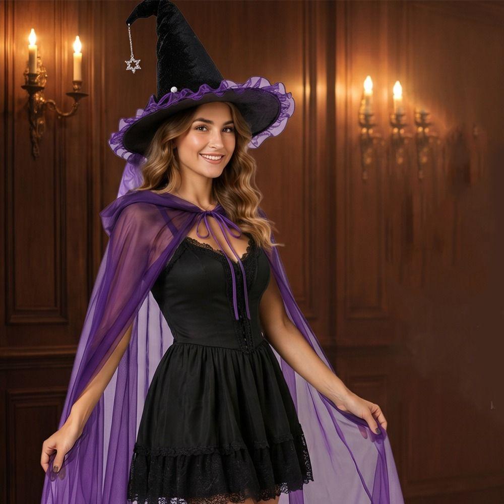 Satin Bow Halloween Witch Hat Cloak Set Hooded Mesh Halloween Cosplay Hooded Cape Costume Accessor