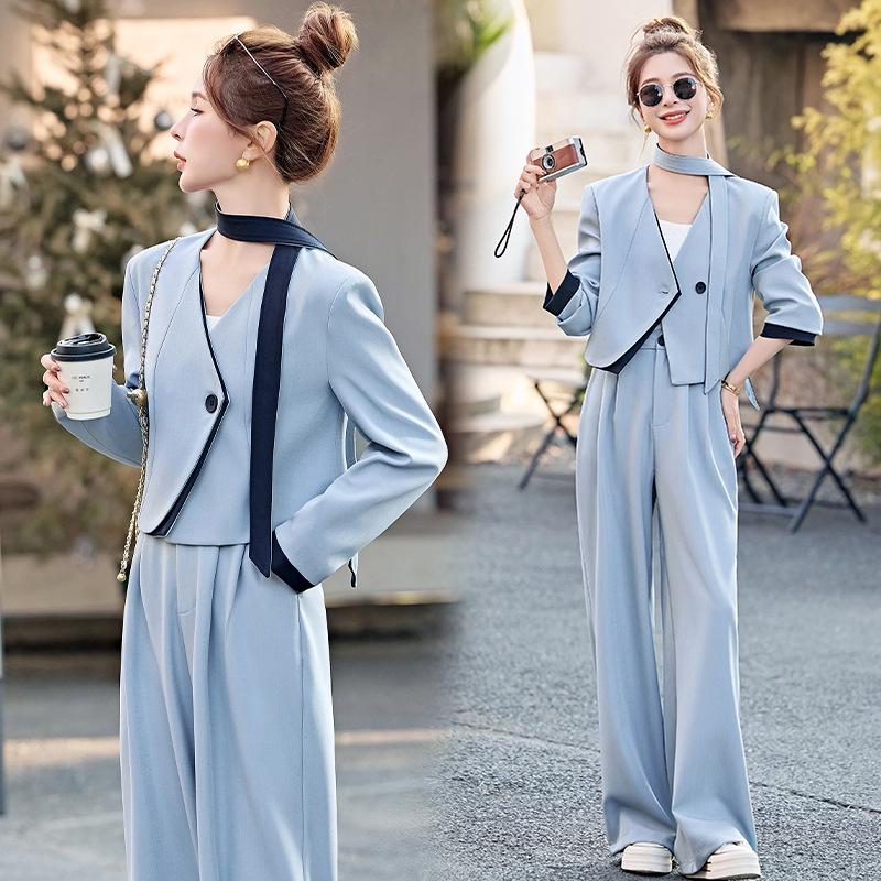 

Весенний комплект женской одежды, профессиональный темперамент и тонкий комплект-двойка с широкими брюками XXL синий