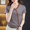 Summer New Drawstring Design Short-sleeved T-shirt Women's French V-neck Short-sleeved Design Niche Chic Striped Top