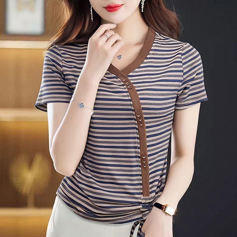 Summer New Drawstring Design Short-sleeved T-shirt Women's French V-neck Short-sleeved Design Niche Chic Striped Top
