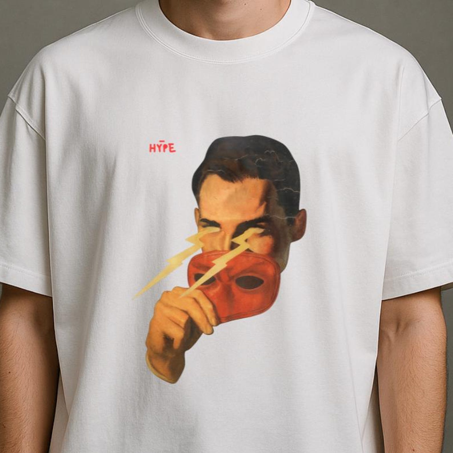 Retro Surreal Graphic Tee: Unmasking Lightning Bolt Cotton Shirt 2XL