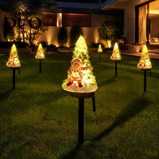 Outdoor Solar Christmas Decorations Garden Light, Santa Tree Resin Yard Stake Decor with Auto Sensor LED Landscape Warm Glow, Waterproof Lawn Lamp for