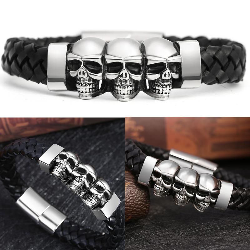 Men's Black Braided Leather Bracelet with Stainless Steel Skull Design Cool Wristband