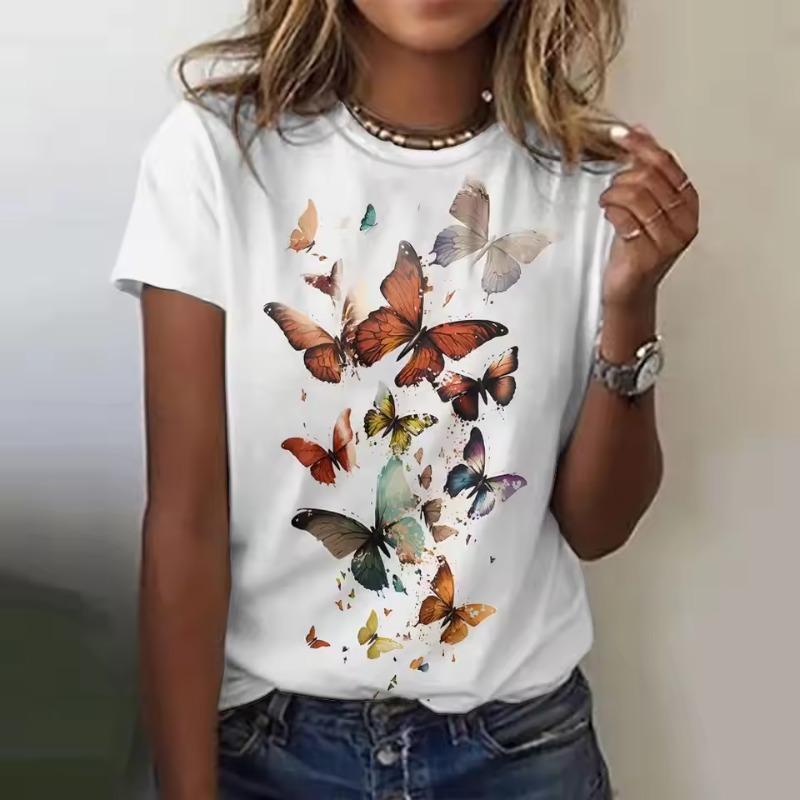 Women's T-Shirt Butterfly Graphic Print Summer Short Sleeve Casual Tops Street Fashion O Neck T-Shirt Oversized Female Clothing