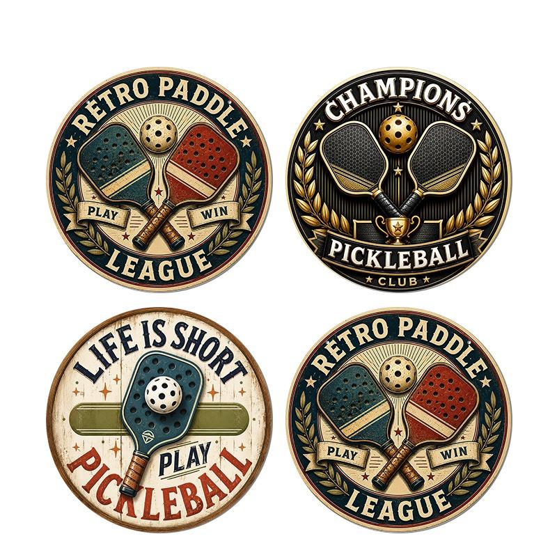 2D Flat, 4Pcs Retro Pickleball Aluminum Round Hanging Sign Set, Pickleball Paddle Champion Club Metal Wall Pendant, Garage Bar Patio Club Home Wall