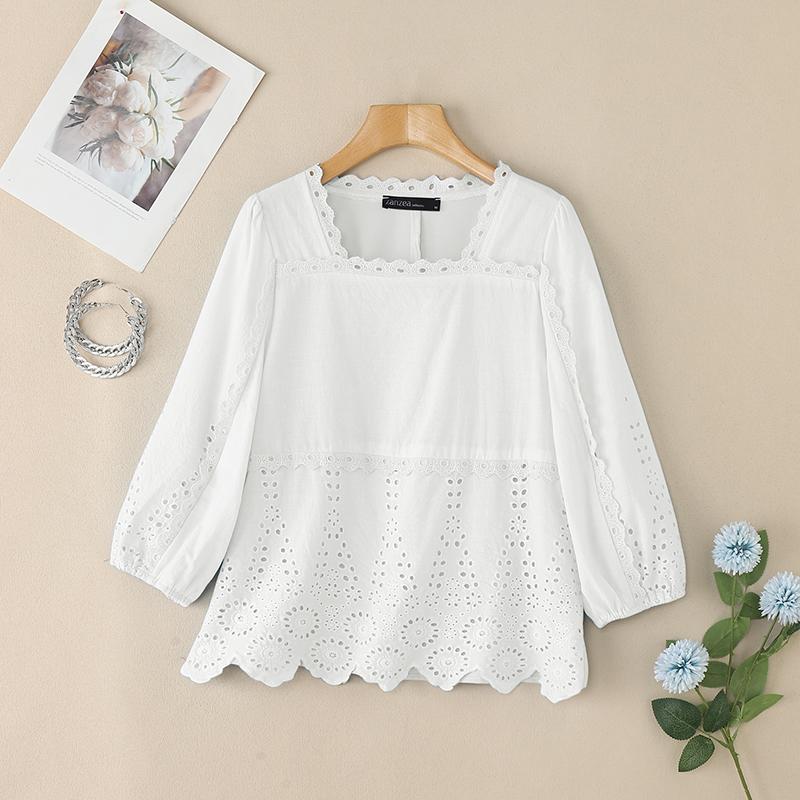 ZANZEA Women Square Collar Summer Hollow Embroidered Casual 3/4 Sleeve Blouse