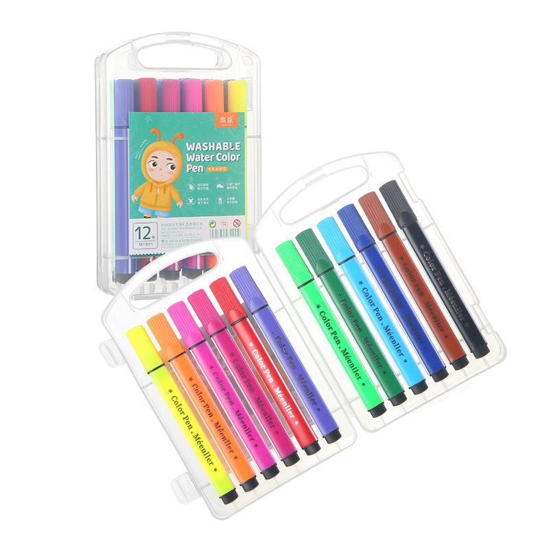 Washable Triangle Rod Large Capacity Cartoon Kids Colored Pencils and Soft Tip Watercolor Pen Set Triangle Watercolor Pen