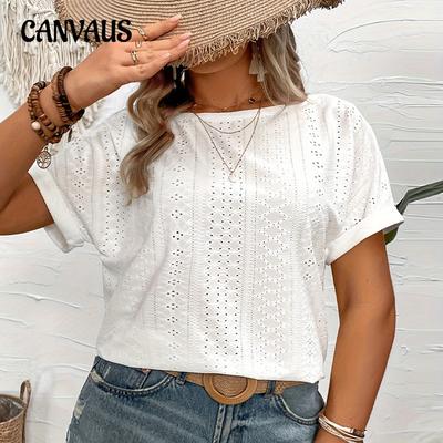 Plus Size Women's Summer Style Commute Solid Color Breathable Round Neck Short Sleeve Lace Patchwork Top