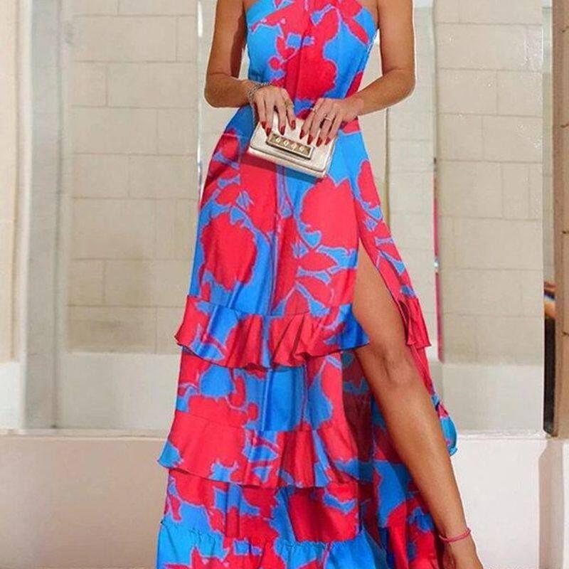 2025 European and American Summer Spaghetti Strap Dress Bohemian Dress Amazon Print V-Neck Sleeveless Long Dress for Women Image color S