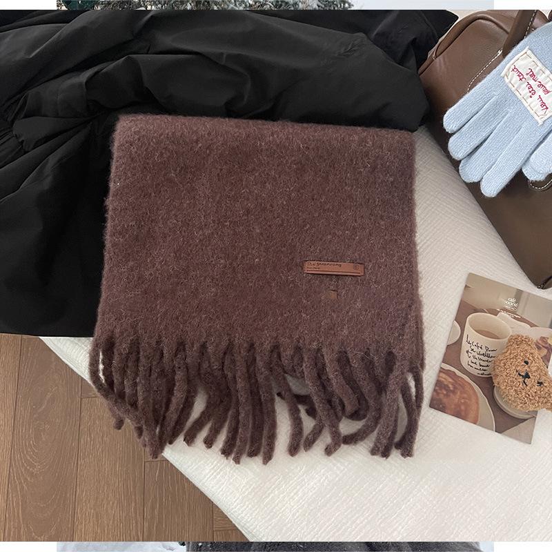 Wool Blended Solid Color Scarf Ice Blue Women's 24 Winter Atmosphere Warm Fringed Scarf