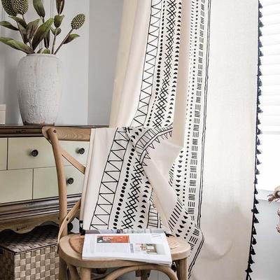 Jingga Cotton Linen Geometric Blackout Curtain with Tassels
