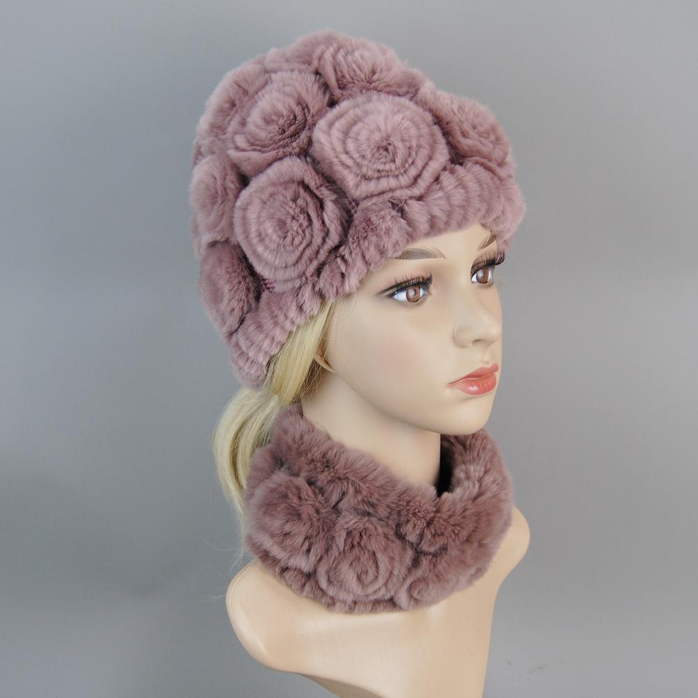 

Модная меховая шапка для девочек, женская зимняя натуральная меховая шапка из кролика Рекс, шарф, костюм, высокое качество, женская 100% натуральная меховая шапка Good elasticity