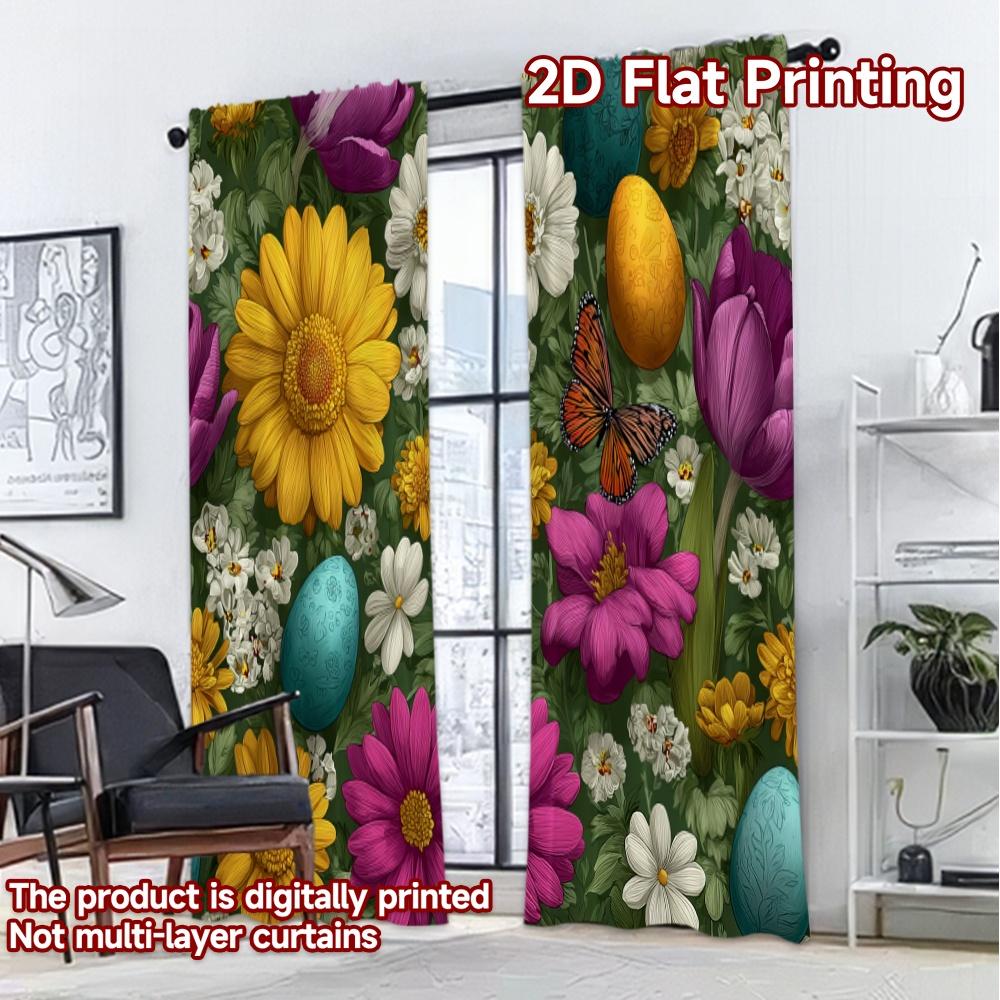 Moderne Flachdruck-Vorhänge ohne Stange Ostereier Blumen Modisches Vielseitiges Polyestergewebe Set aus 2 Stück Hergestellt