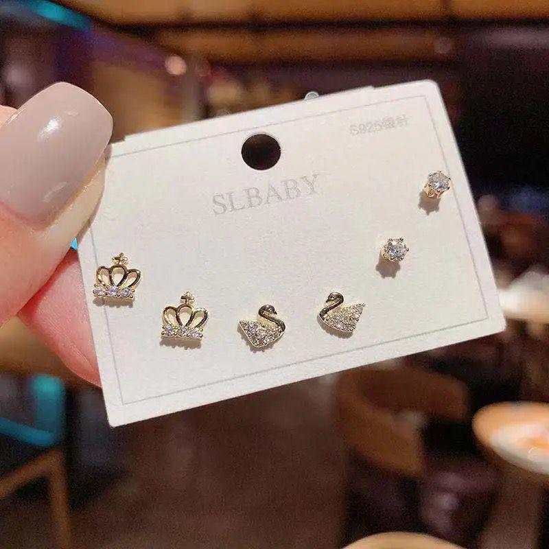 S925 Silver Asymmetric Swan & Snowflake Cat's Eye Earrings for Women