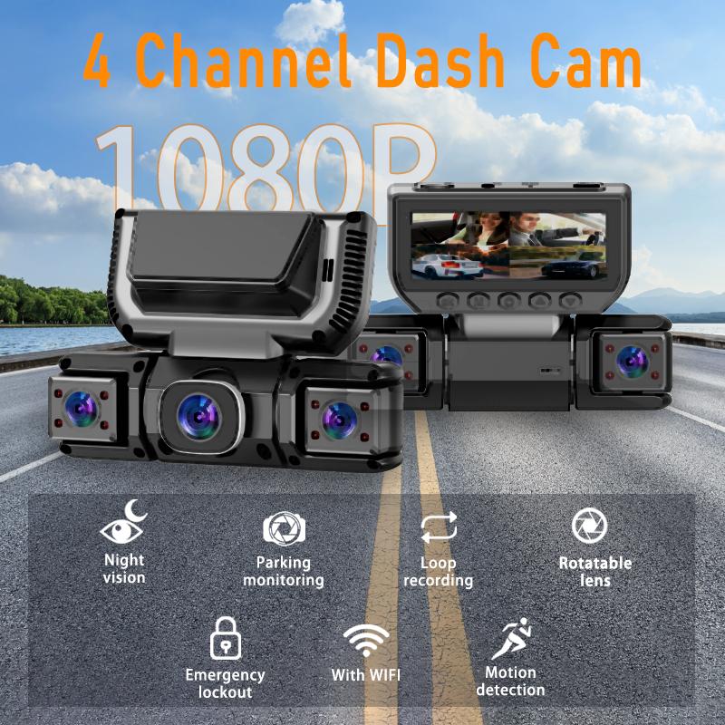 1080P HD dashcam with 360° all-around coverage, featuring four built-in cameras front and rear. Equipped with infrared night vis