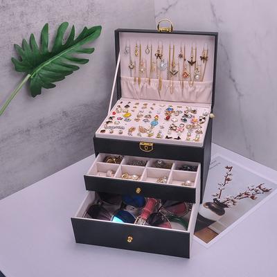 Three Layer Lockable Leather Jewelry Box Large Dustproof Organiser Case For Home Bedroom Desk