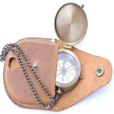 Antique Brass Compass Nautical Maritime Pocket Compass With Leather Case Gift 2"