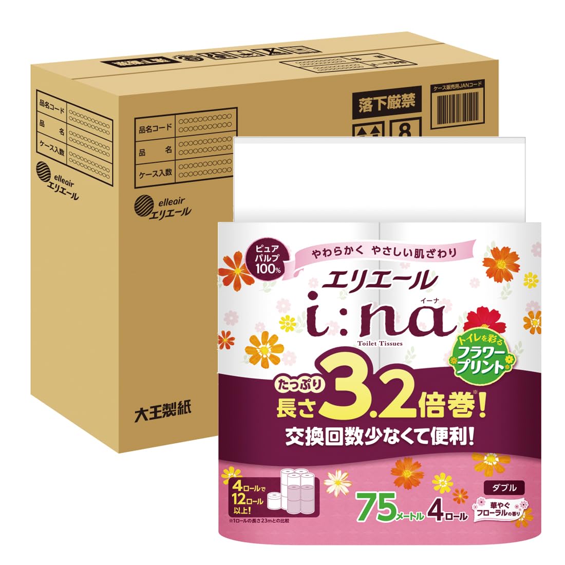 

Elleair Toilet Paper i:na Flower Print 3.2x Roll 75m x 32 rolls (4 rolls x 8 packs) Double 100% Pulp Gorgeous Floral Scent [Half Case]