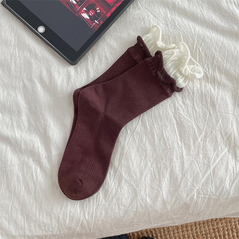 Korean Angola Red And Fake Two-Piece Contrasting Socks, Double Luo Kou Color Matching Stacking Socks, Pure Cotton Boneless Medium Tube Socks