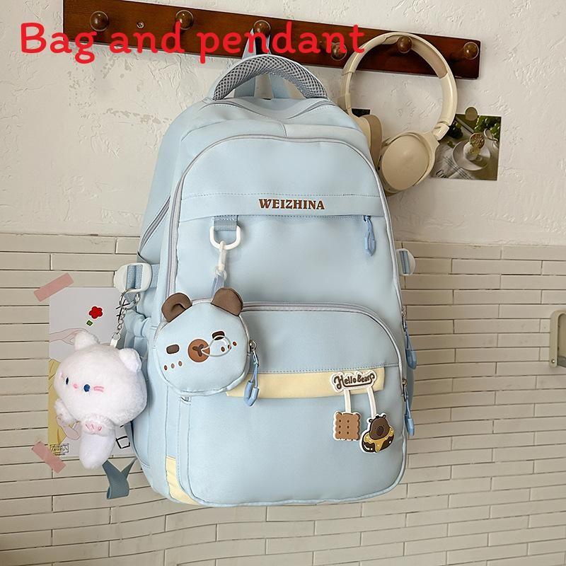 Color Solid Simple Letter Pattern Student Backpack With Decoration Pendant