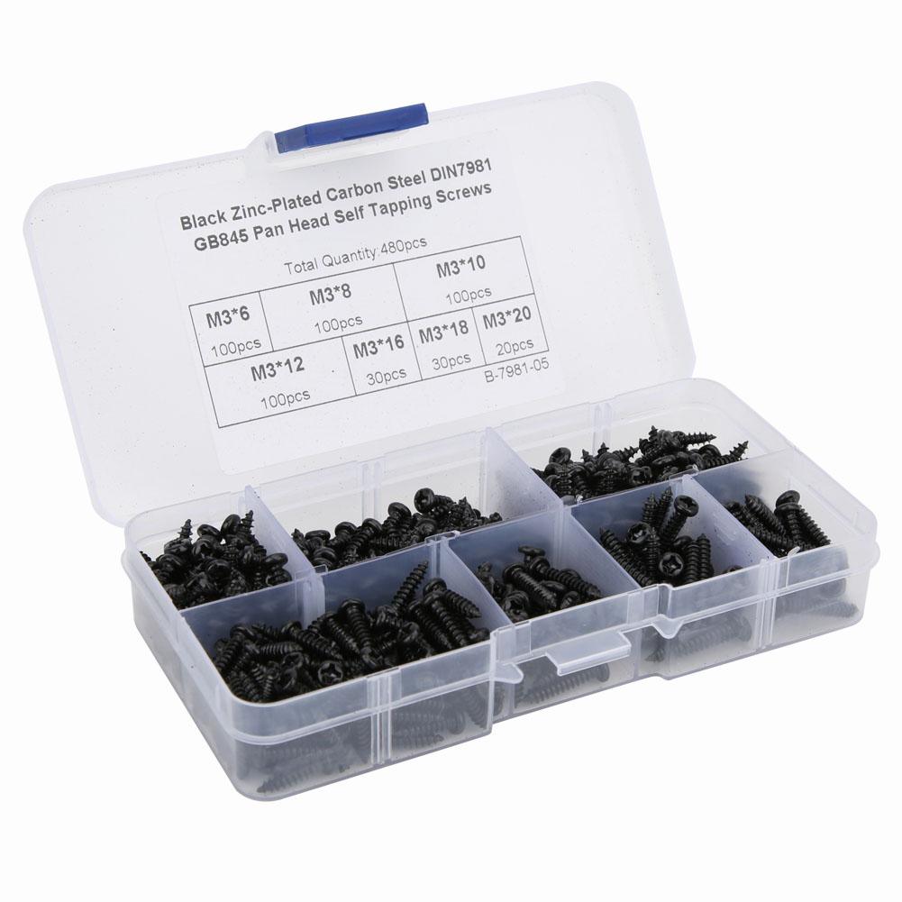480Pcs Self Tapping Screw Pan Round Head Carbon Steel Fittings M3 Black Nickel Plating(Carbon Steel Black )