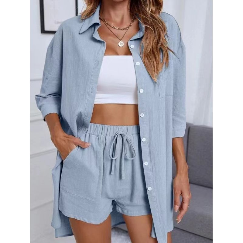 Fashion Style Fashion Single-Breasted Shirt Shorts Pure Color Casual Loose Outfit Shirt and Shorts Set