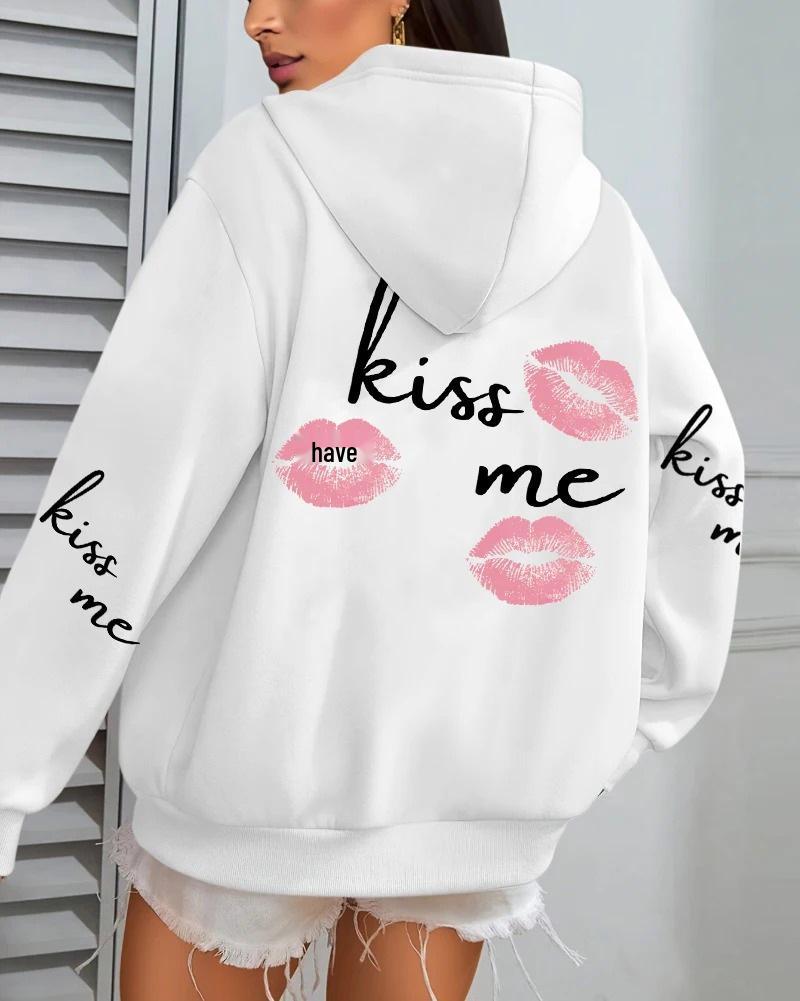 Kiss Me Lip Print Women's Autumn Fleece Hoodie with Pocket
