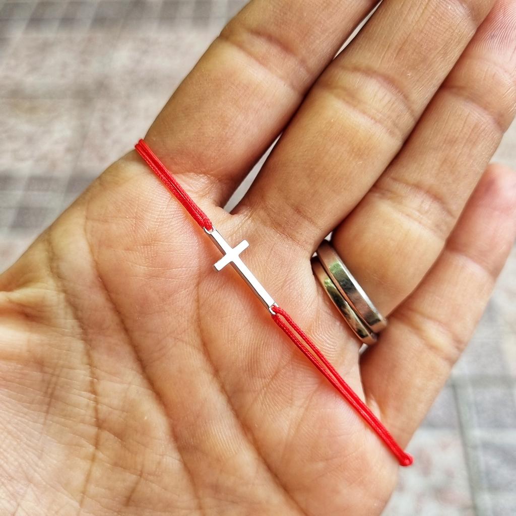 Adjustable 925 Sterling Silver Bracelet with Cross Charm and Red Silk Cord for Women Fashion Jewelry Gift