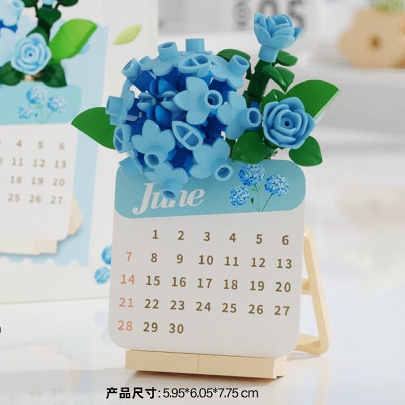 Latest Diy Calendare Time Date Flower Rose Sunflower Phalaenopsis Plum Blossom Construction Blocks Kit  Blocks Model Kids Plaything Gift
