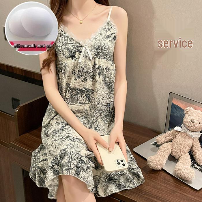 Summer V-Neck Nightdress with Chest Pads - Sexy Bubble Cotton Spaghetti Strap Style: Loose Fit Homewear for Women