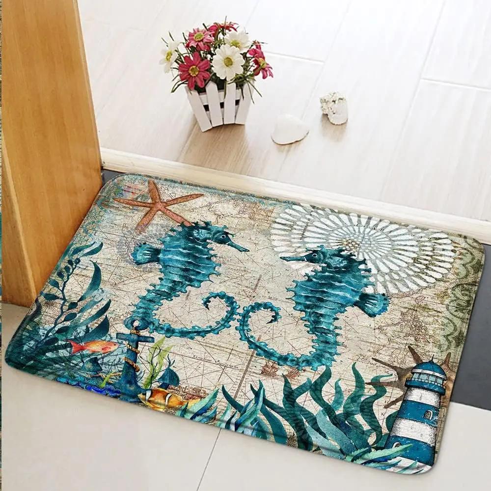 Seahorse Area Rug Coastal Seaside Seahorse Starfish Coral Shell Pattern Nautical Beach Themed Map Carpet for Living Room Kitchen