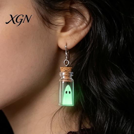 Unique Handmade Fantasy Gift Glow Ghost Necklace, Glow-in-the-dark in Bottle Pendant, Cute Halloween Party Favors Necklace Earrings, Gothic