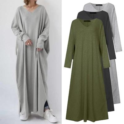 Robe Longue à Manches Longues et Col en V à la Mode Robe Maxi Décontractée pour Femme Matière Fourrure de Lapin Taille Lâche Jupe Longueur Cheville