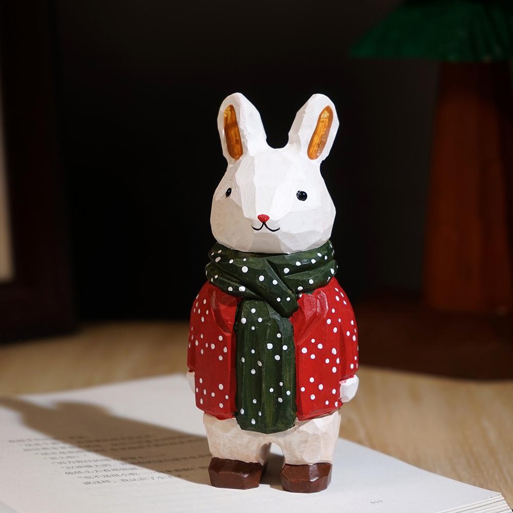 Christmas White Rabbit Figurine Room Decor Handcrafted Wood Carving Home Decorations Desk Accessories Room Wooden Rabbit Statue