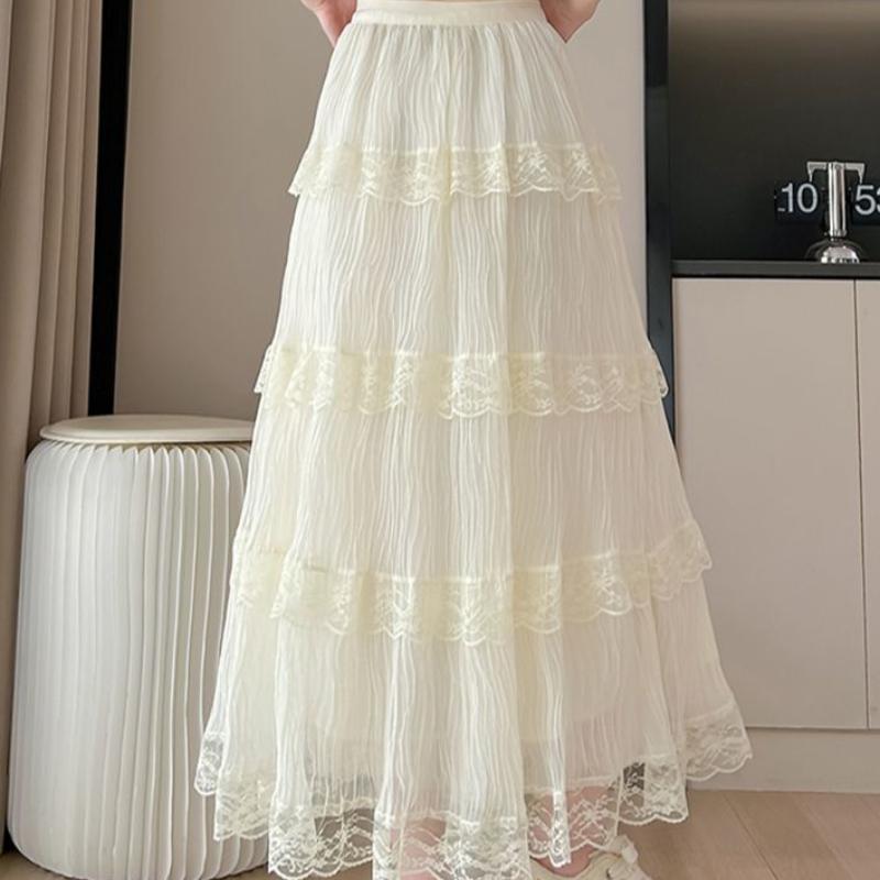 Women's Spring Lace Paneled High-Waist Tiered Cake Maxi Skirt - Slim-Fit with Ruffled Trim & Sweet Romantic Aesthetic