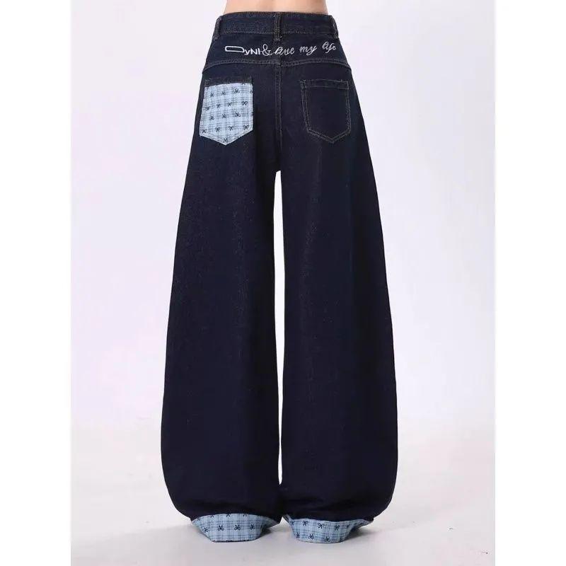 

Dopamine Bowknot Ruffled Plaid Patchwork High-Waist Wide-Leg Denim Pants S