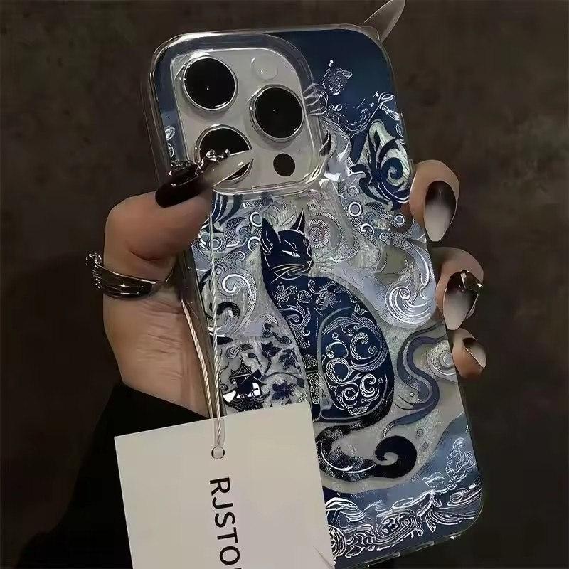 

Синий Чехол для телефона с дизайном кота-тотема для iPhone 16 15 Pro Max 14 13 12 11 XS X XR 7 8 Plus 16e Текстура перышка шифона Задняя крышка iPhone 16 Pro Max