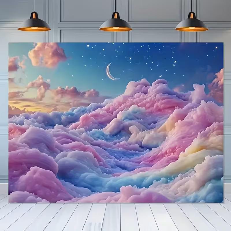 2D Aesthetic Room Backdrop, Cotton Candy Cloudscape with Crescent Moon Background