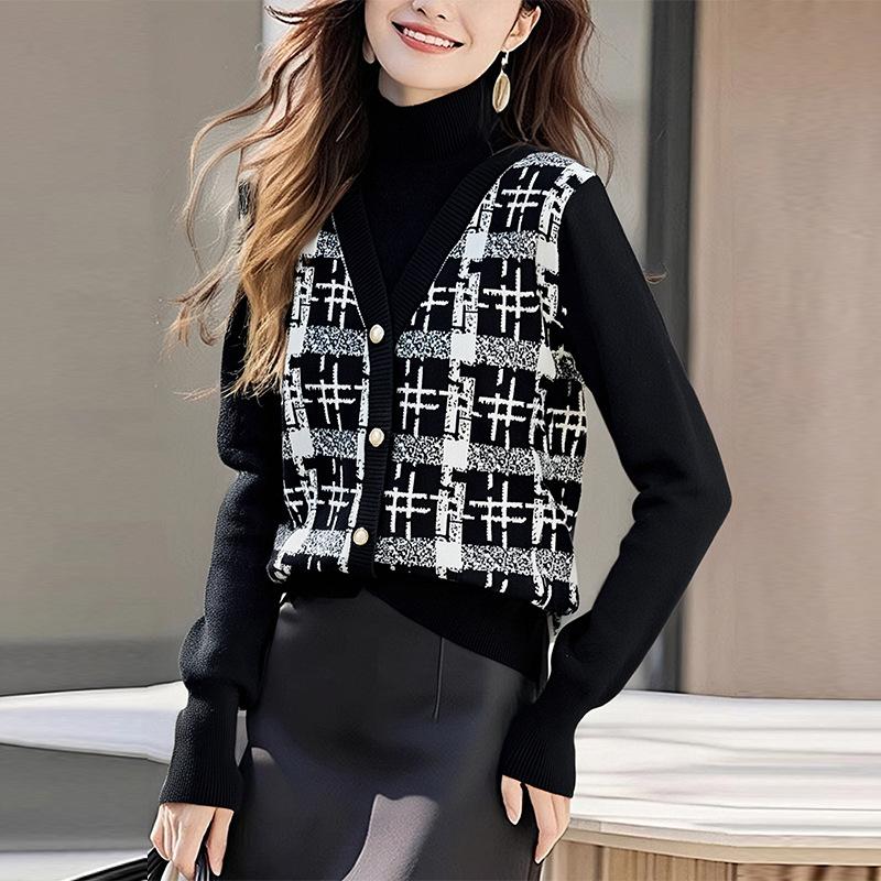 

Spring, autumn and winter sweater semi-turtleneck knitted sweater spliced fake two-piece top one size fits all чёрный