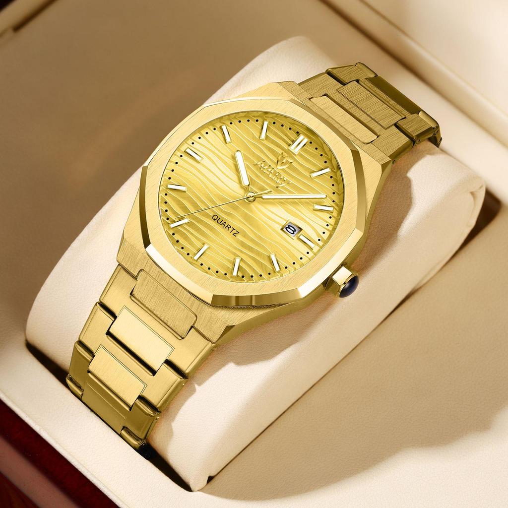 NARY Octagonal Men's Quartz Watch 9034 with Calendar and Steel Band