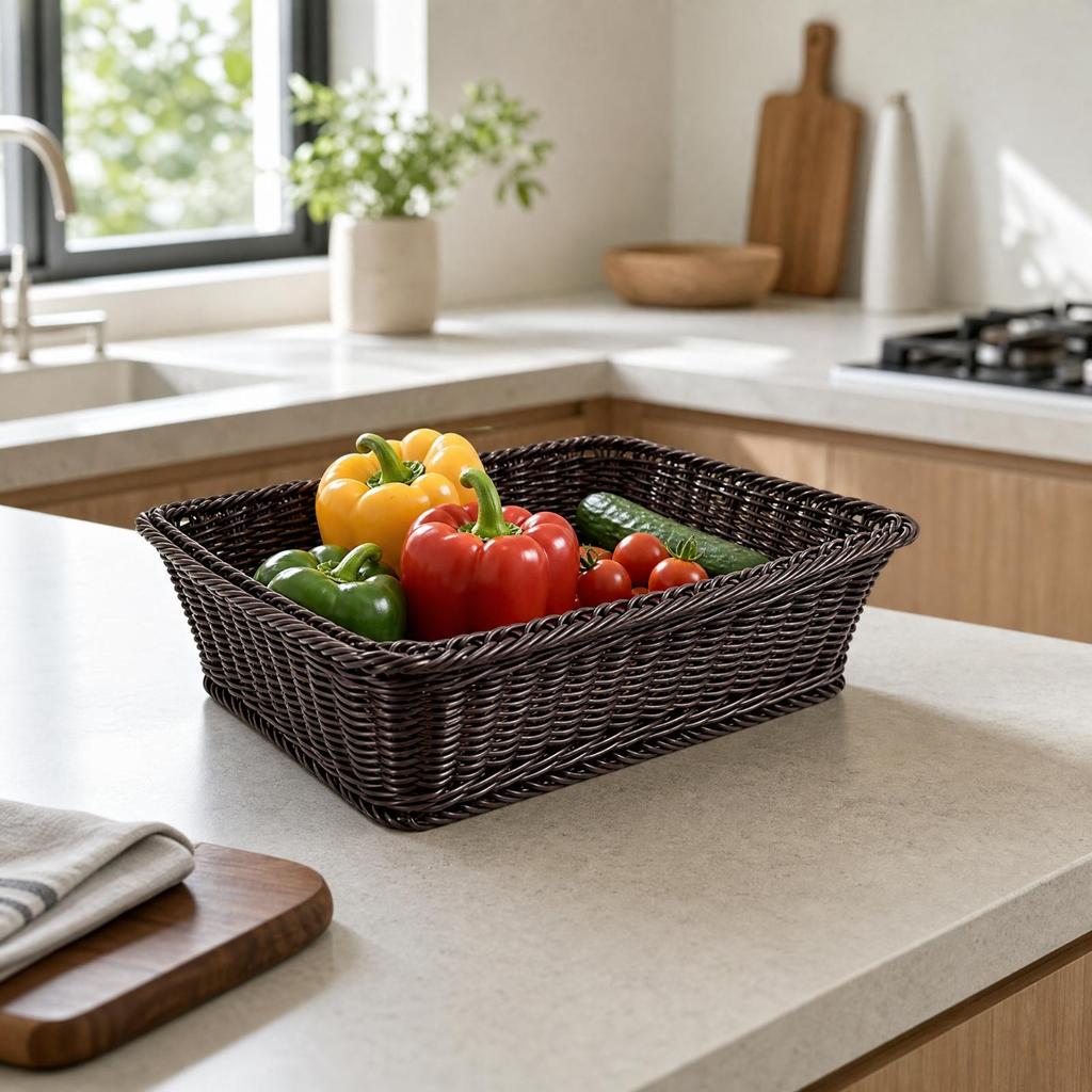 Rectangular Rattan Storage Basket Lightweight for Kitchen Counter, Pantry
